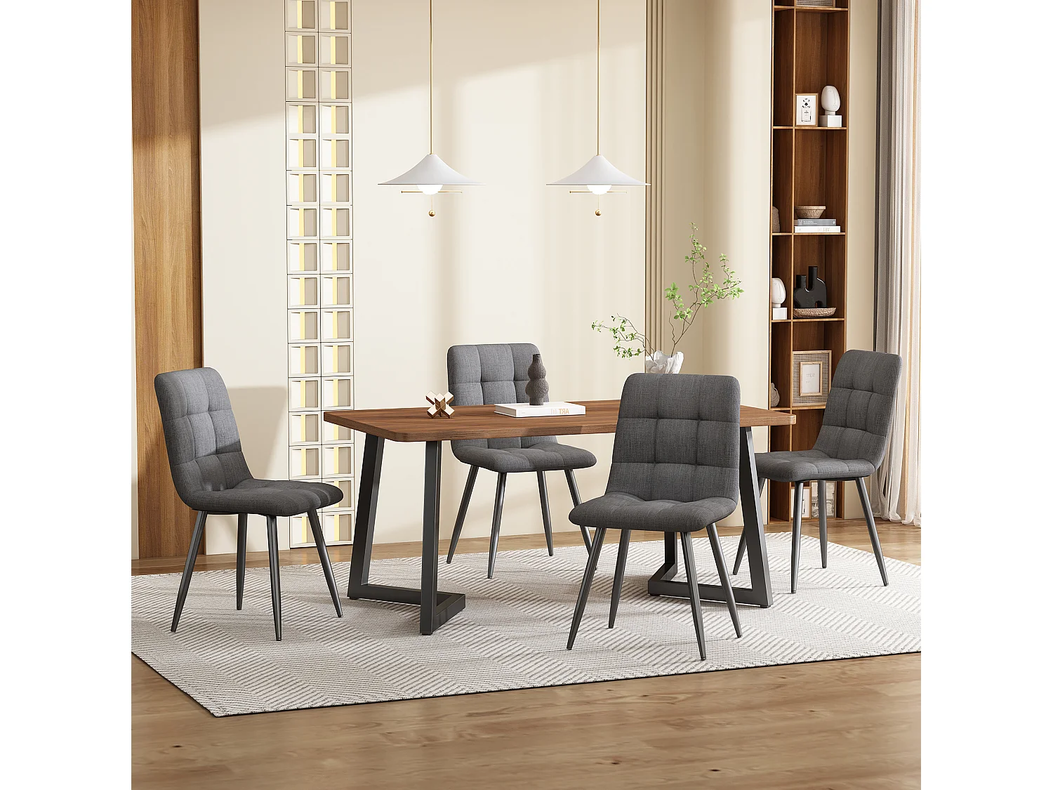 Eetkamerset, tafel 140×80×75 cm met 4 stoelen, MDF+metaal+linnen, zwart+walnoot+donkergrijs