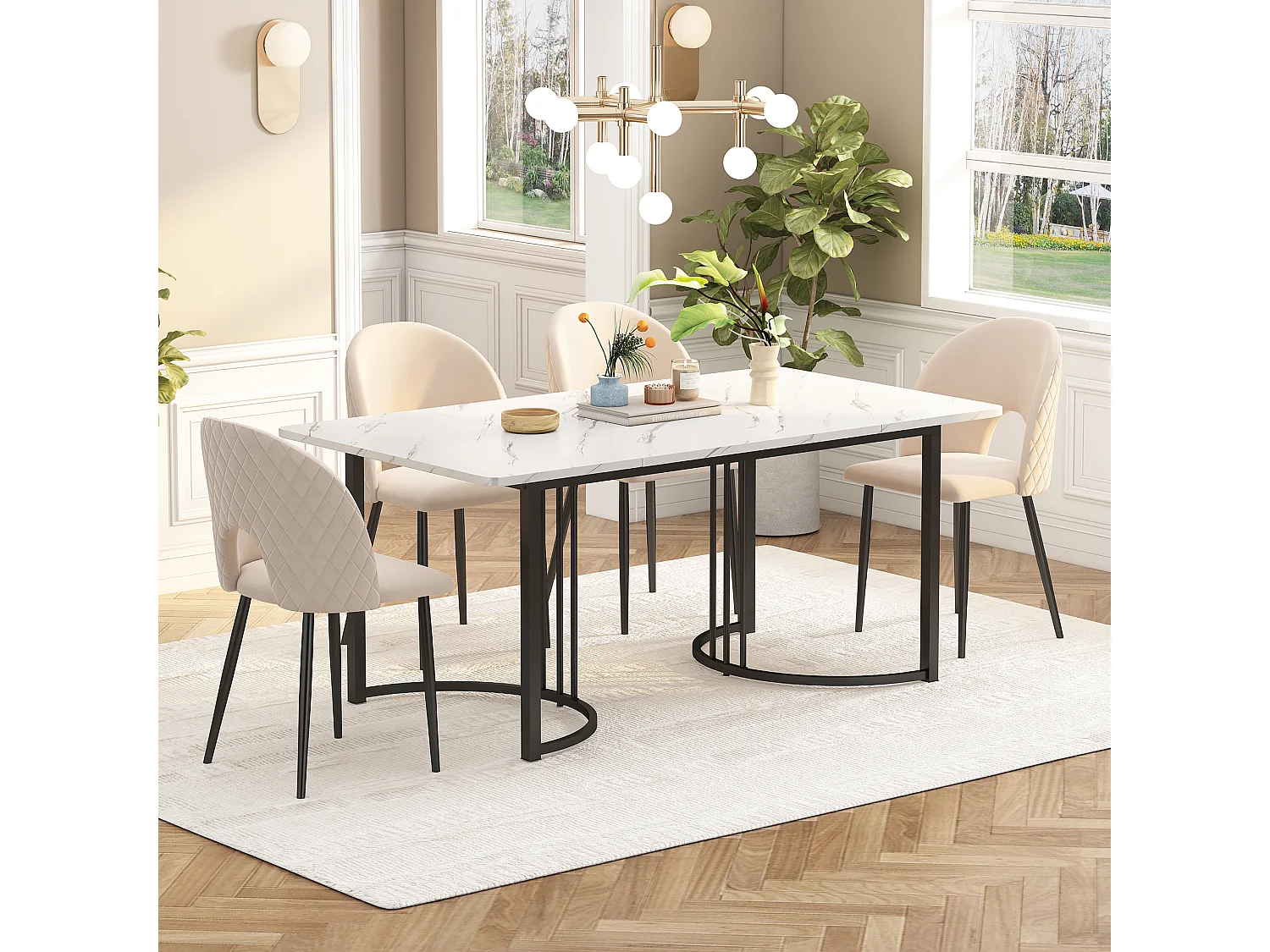 Eetkamerset, tafel 140×80×75 cm met 4 stoelen met verstelbare poten, MDF+metaal+fluweel, zwart+wit+beige