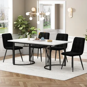 Eetkamerset, tafel 140×80×75 cm met 4 stoelen, MDF+metaal+fluweel, zwart+wit Eetkamerset, tafel 140×80×75 cm met 4 stoelen, MDF+metaal+fluweel, zwart+wit