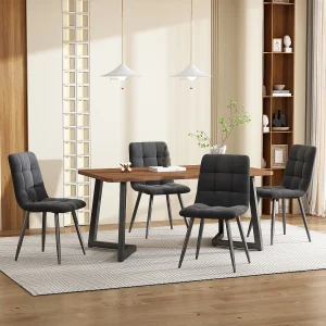 Eetkamerset, tafel 140×80×75 cm met 4 stoelen, MDF+metaal+fluweel, zwart+walnoot+donkergrijs Eetkamerset, tafel 140×80×75 cm met 4 stoelen, MDF+metaal+fluweel, zwart+walnoot+donkergrijs
