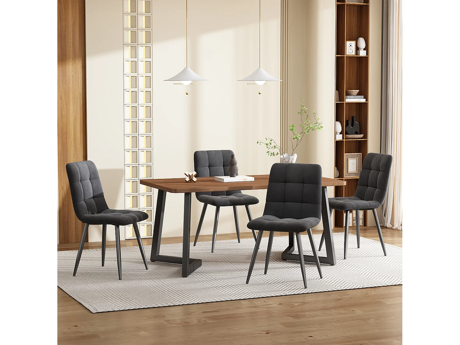 Eetkamerset, tafel 140×80×75 cm met 4 stoelen, MDF+metaal+fluweel, zwart+walnoot+donkergrijs