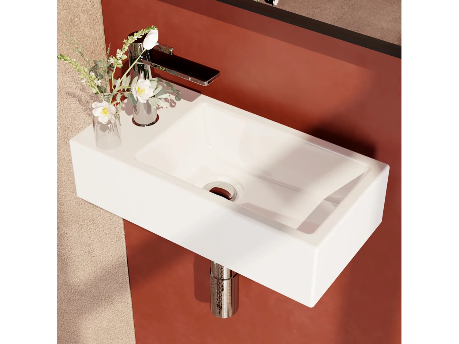 EMKE Wastafel Compact - Keramiek - Glans Wit - Links - 40.5x20.5x10.5 cm - Badkamer Wasbak Klein - Muurbevestiging