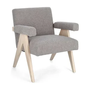 Fauteuil in duifgrijze bouclé-effect stof en rubberhouten poten – FAIZA Fauteuil in duifgrijze bouclé-effect stof en rubberhouten poten – FAIZA