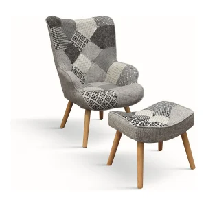 Fauteuil in grijze patchworkstof en houten poten, met poef – HAVANA Fauteuil in grijze patchworkstof en houten poten, met poef – HAVANA