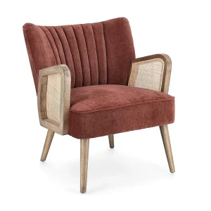 Fauteuil van stof met fluweeleffect, houten poten en armleuningen – VIRNA Fauteuil van stof met fluweeleffect, houten poten en armleuningen – VIRNA