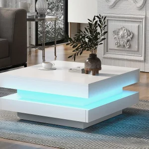 Eigentijdse salontafel met LED in 16 kleuren – vierkante vorm – Wit Eigentijdse salontafel met LED in 16 kleuren – vierkante vorm – Wit