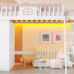 Eenvoudig mezzaninebed 90 x 200 cm – Kinderbed – Met LED-verlichting – Met kledingkast – Met opbergschuyf – Wit (zonder matras) Eenvoudig mezzaninebed 90 x 200 cm – Kinderbed – Met LED-verlichting – Met kledingkast – Met opbergschuyf – Wit (zonder matras)