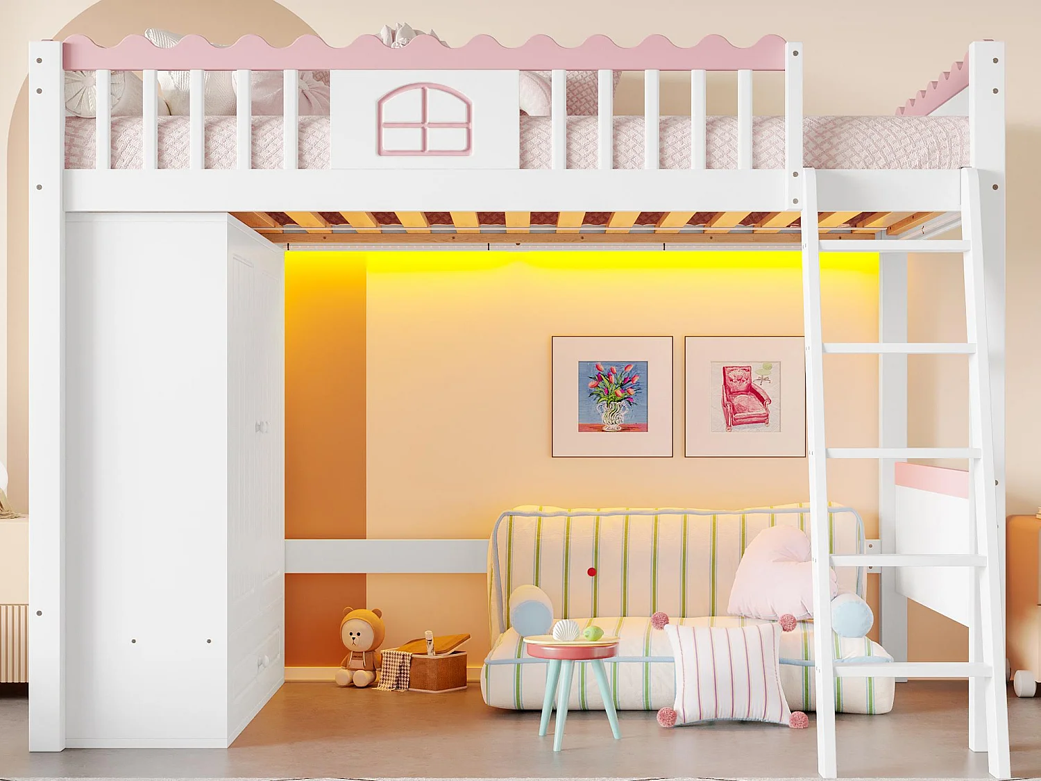 Eenvoudig mezzaninebed 90 x 200 cm - Kinderbed - Met LED-verlichting - Met kledingkast - Met opbergschuyf - Wit (zonder matras)