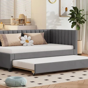 Eenpersoonsbed 90×200 cm met onderschuifbed – bekleed met fluweel met lattenbodem – Grijs Eenpersoonsbed 90×200 cm met onderschuifbed – bekleed met fluweel met lattenbodem – Grijs