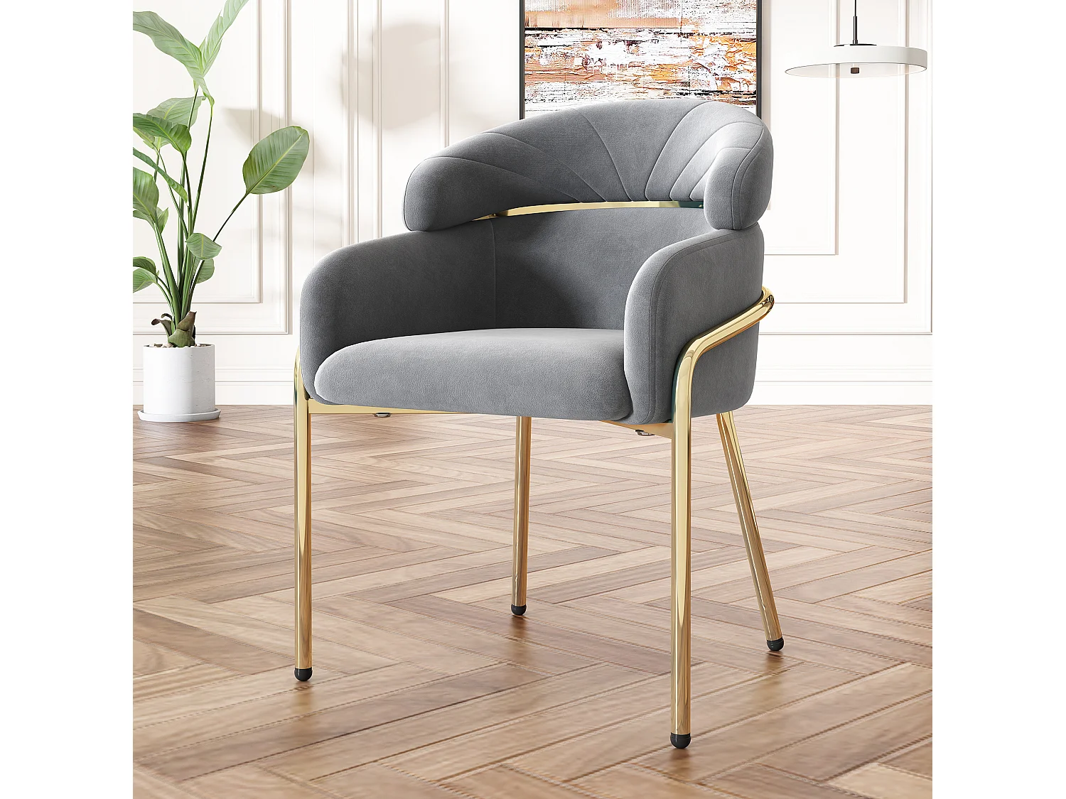 Eetkamerstoel van fluweel - 79 x 45 x 53 cm - voor woonkamer en slaapkamer - vier metalen poten - grijs
