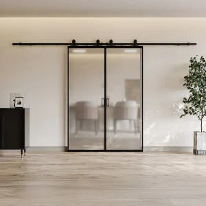 Dubbele schuifdeur met wandbevestiging – gehard matglas – 2 x H205 x L73 cm – LINCI II Dubbele schuifdeur met wandbevestiging – gehard matglas – 2 x H205 x L73 cm – LINCI II