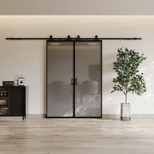 Dubbele schuifdeur met wandbevestiging – gehard rookglas – 2 x H205 x L93cm – LINCI II Dubbele schuifdeur met wandbevestiging – gehard rookglas – 2 x H205 x L93cm – LINCI II
