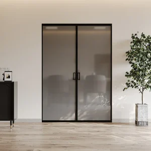 Dubbele schuifdeur met klamplaagsysteem, in rookglas 2 x H205 x L73 cm – LINCI II Dubbele schuifdeur met klamplaagsysteem, in rookglas 2 x H205 x L73 cm – LINCI II