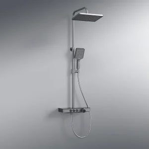 EMKE Thermostaatdouchekolom, 36 x 14 cm glazen planken, 3 straalsoorten, regen douche, KTW-certificering, Metaalgrijs