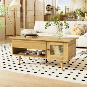 Elegante salontafel met opklapbaar tafelblad en rotandeuren, houtkleur + zwart, praktische opbergruimte en functioneel design