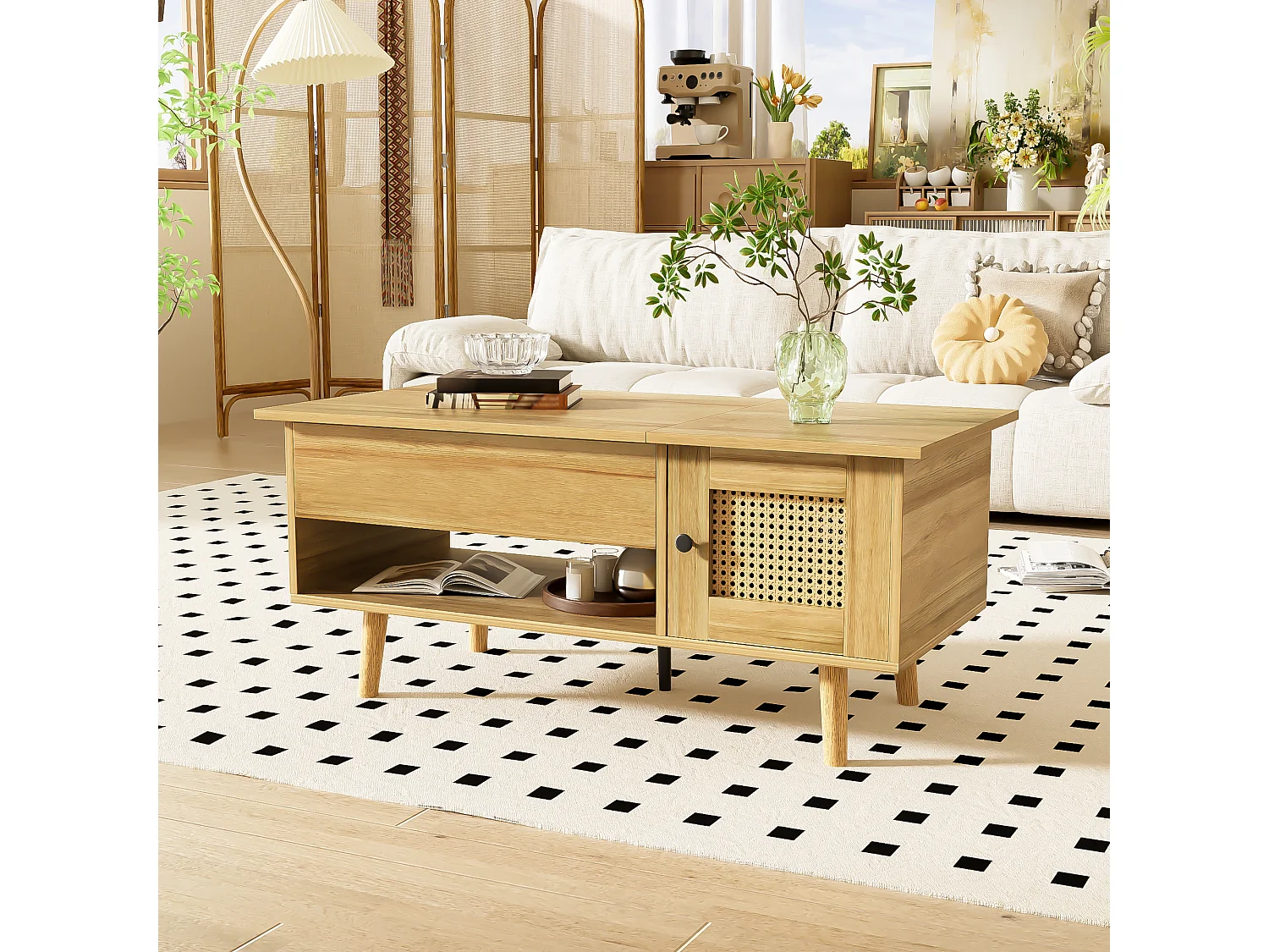 Elegante salontafel met opklapbaar tafelblad en rotandeuren, houtkleur + zwart, praktische opbergruimte en functioneel design