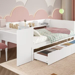Eenpersoons kinderbed 90×200 cm – met bureau – met 2 lades – met planken – massief hout – wit (zonder matras) Eenpersoons kinderbed 90×200 cm – met bureau – met 2 lades – met planken – massief hout – wit (zonder matras)