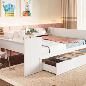 Eenpersoons kinderbed 140×200 cm – met bureau – met 2 lades – met planken – massief hout – wit (zonder matras) Eenpersoons kinderbed 140×200 cm – met bureau – met 2 lades – met planken – massief hout – wit (zonder matras)