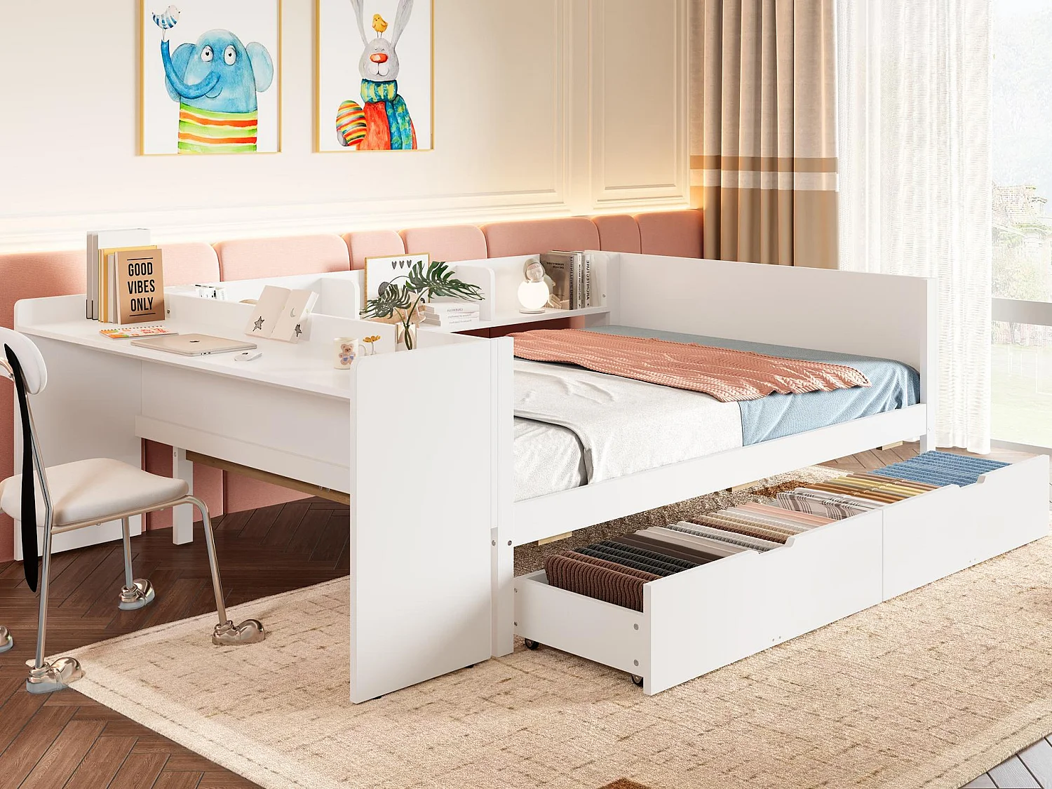 Eenpersoons kinderbed 140x200 cm - met bureau - met 2 lades - met planken - massief hout - wit (zonder matras)