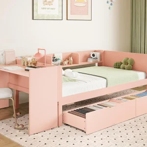 Eenpersoons kinderbed 90×200 cm – met bureau – met 2 lades – met planken – massief hout – roze (zonder matras) Eenpersoons kinderbed 90×200 cm – met bureau – met 2 lades – met planken – massief hout – roze (zonder matras)