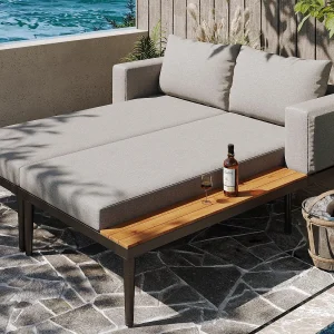 Dubbele canapé-lit voor buitenplaats 150x140x30cm – Multifunctionele waterdichte canapé-lit – Met plank – Metaal, Polyester – Grijs