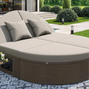 Dubbele rieten ligstoel – Tuinligstoel met zijraam – Individueel instelbare hoek – Met kussens – 2 plaatsen – Grijs Dubbele rieten ligstoel – Tuinligstoel met zijraam – Individueel instelbare hoek – Met kussens – 2 plaatsen – Grijs