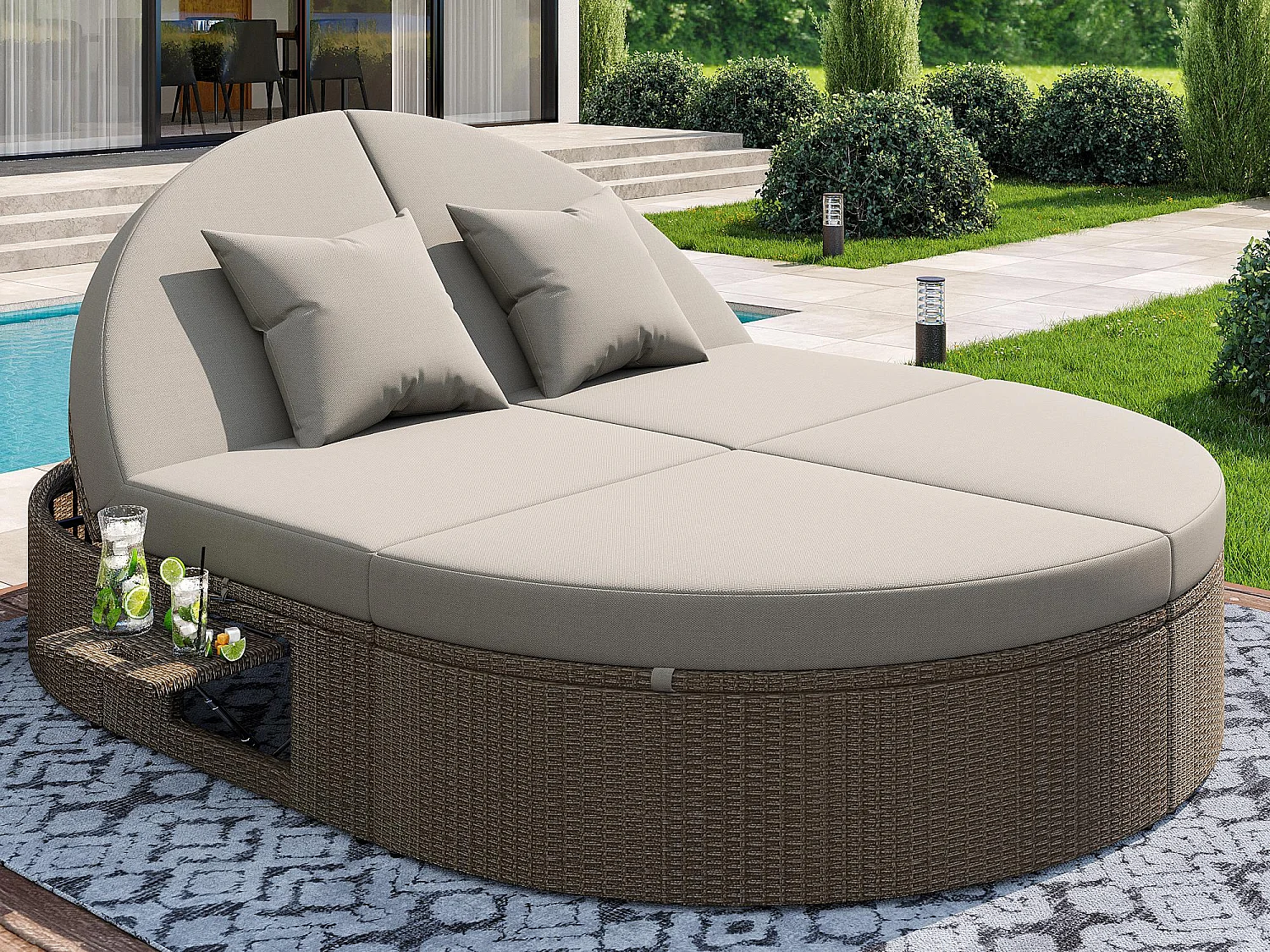 Dubbele rieten ligstoel - Tuinligstoel met zijraam - Individueel instelbare hoek - Met kussens - 2 plaatsen - Grijs