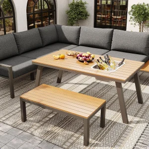 Eetkamerset voor tuin voor 6-7 personen – gegalvaniseerde ijzerstructuur – met 1 tafel – tafelblad met ijsbak – Grijs