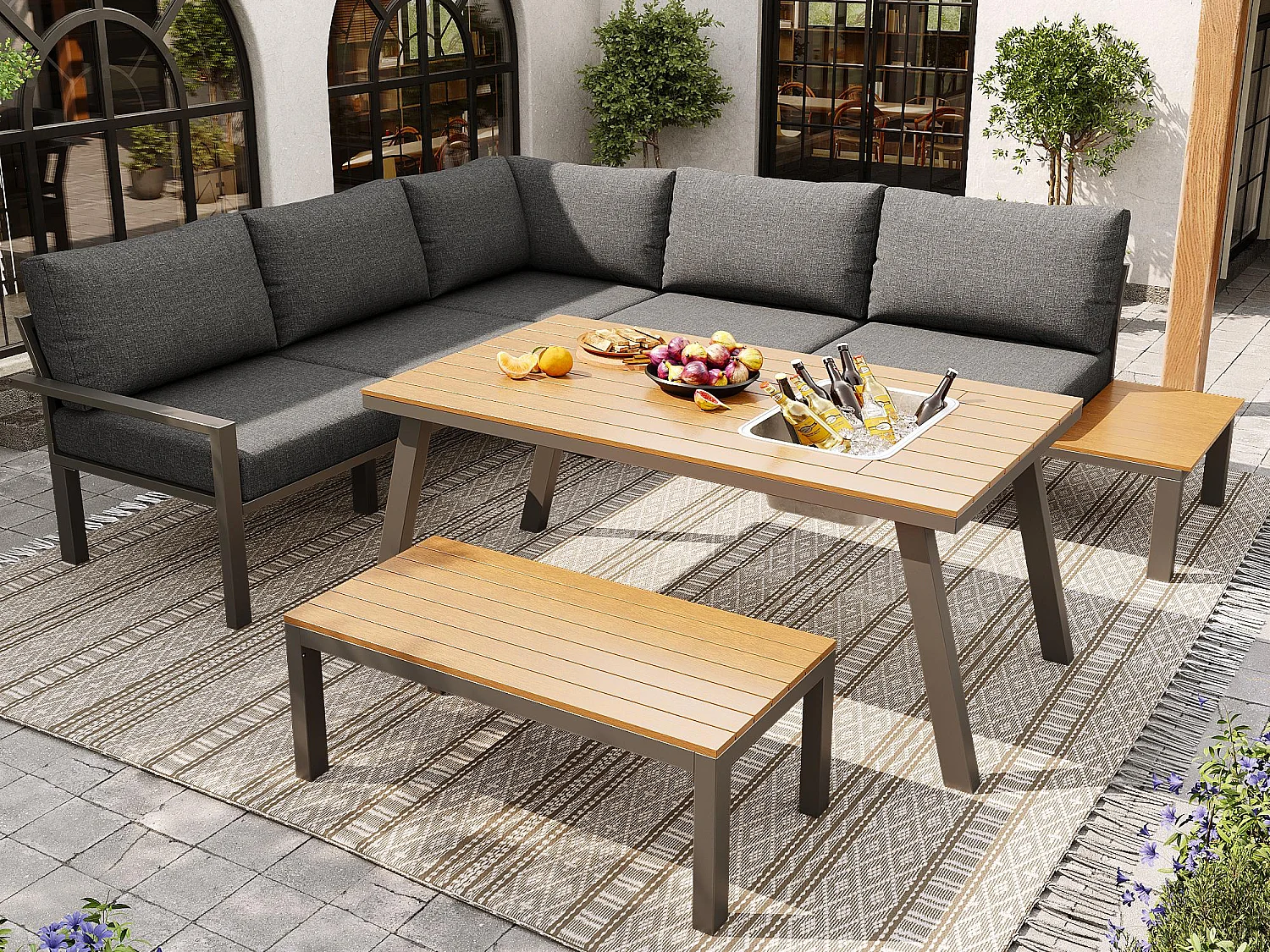 Eetkamerset voor tuin voor 6-7 personen - gegalvaniseerde ijzerstructuur - met 1 tafel - tafelblad met ijsbak - Grijs