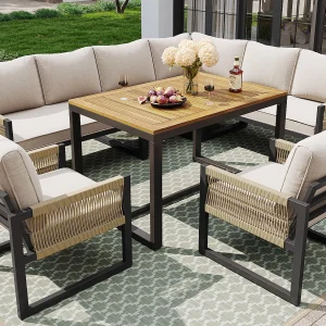 Eetkamerset voor tuin voor 7 – 8 personen – hoeksofa – 2 fauteuils – 1 tafel – Beige