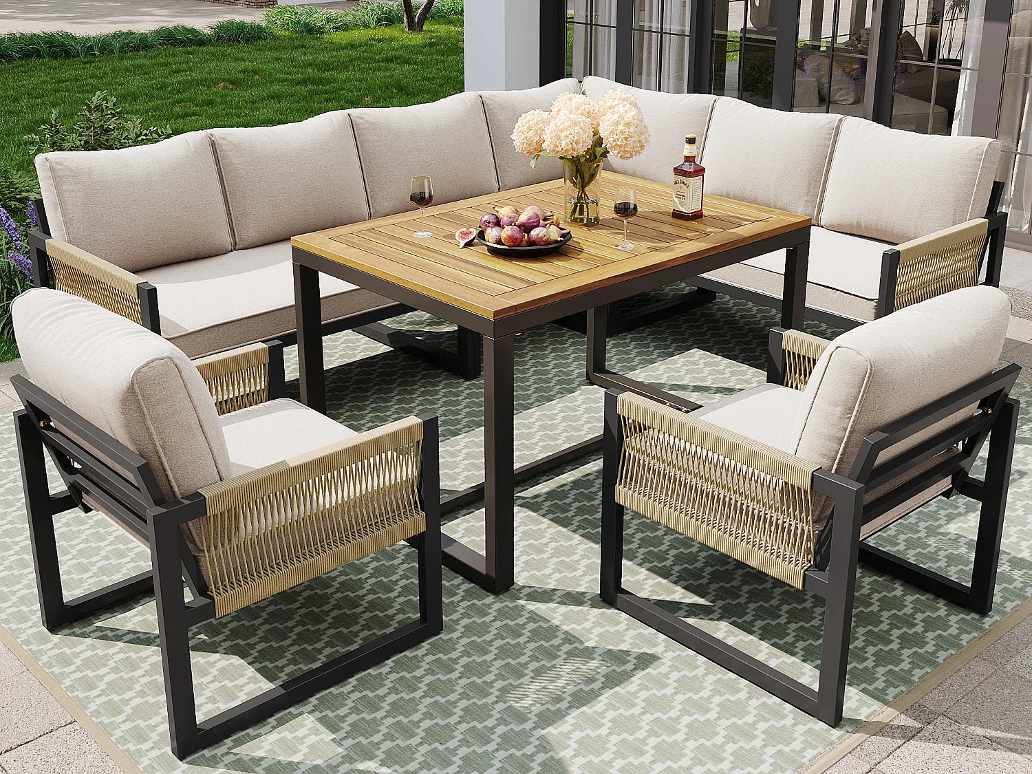 Eetkamerset voor tuin voor 7 - 8 personen - hoeksofa - 2 fauteuils - 1 tafel - Beige