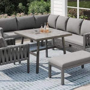 Eetkamerset voor tuin – in touw – met een structuur van galvaniseerd ijzer, verstelbare poten, hoeksofa, 1 fauteuil, 1 kruk, grijs