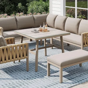 Eetkamerset voor tuin – in touw – met een structuur van galvaniseerd ijzer, verstelbare poten, hoeksofa, 1 fauteuil, 1 kruk, Beige