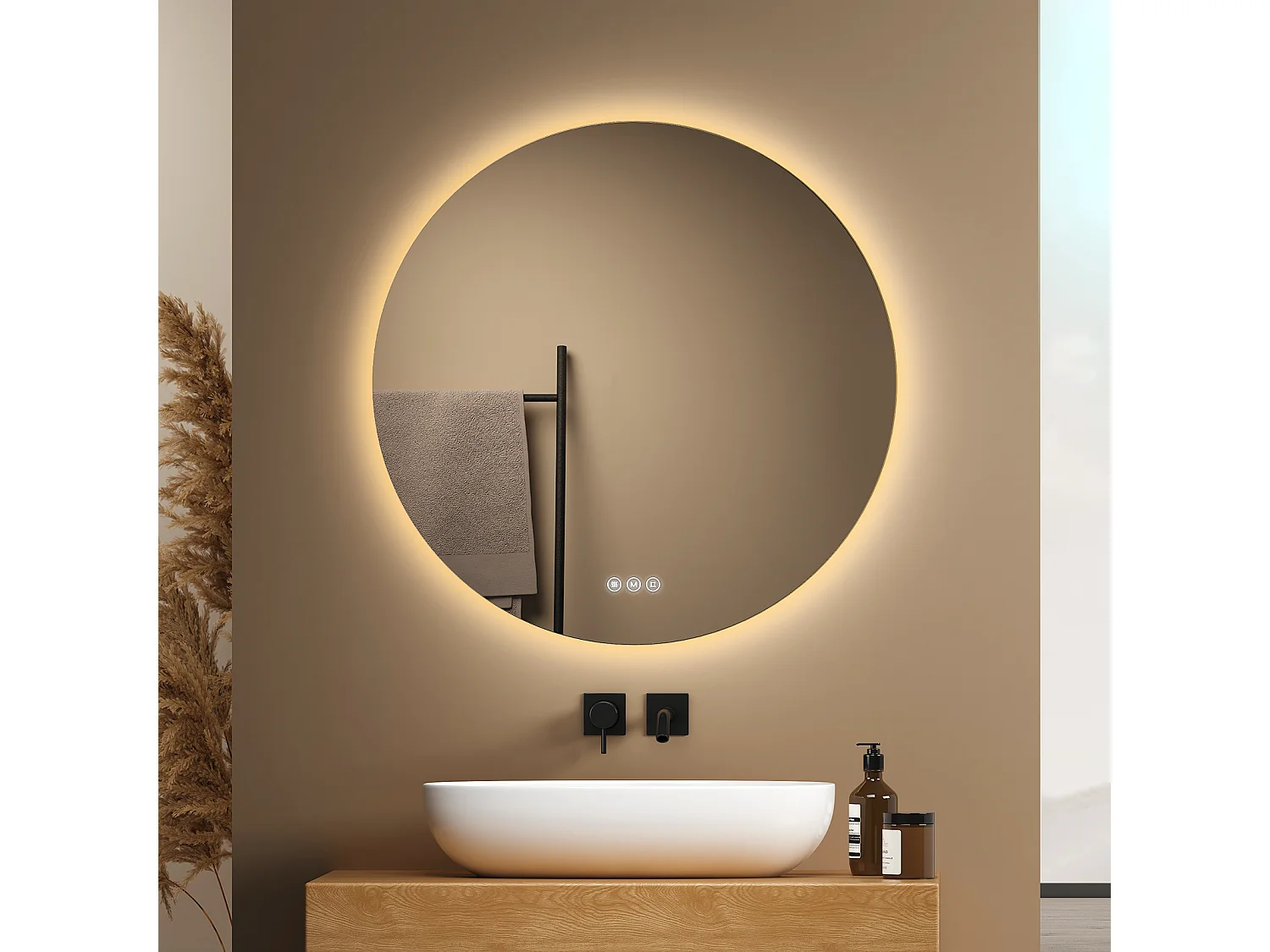 EMKE Verlichte Badkamerspiegel Rond Ø60 cm – LED Spiegel met Achtergrondverlichting – Touch Schakelaar, Anti-condens, Koud/Neutraal/Warm Wit
