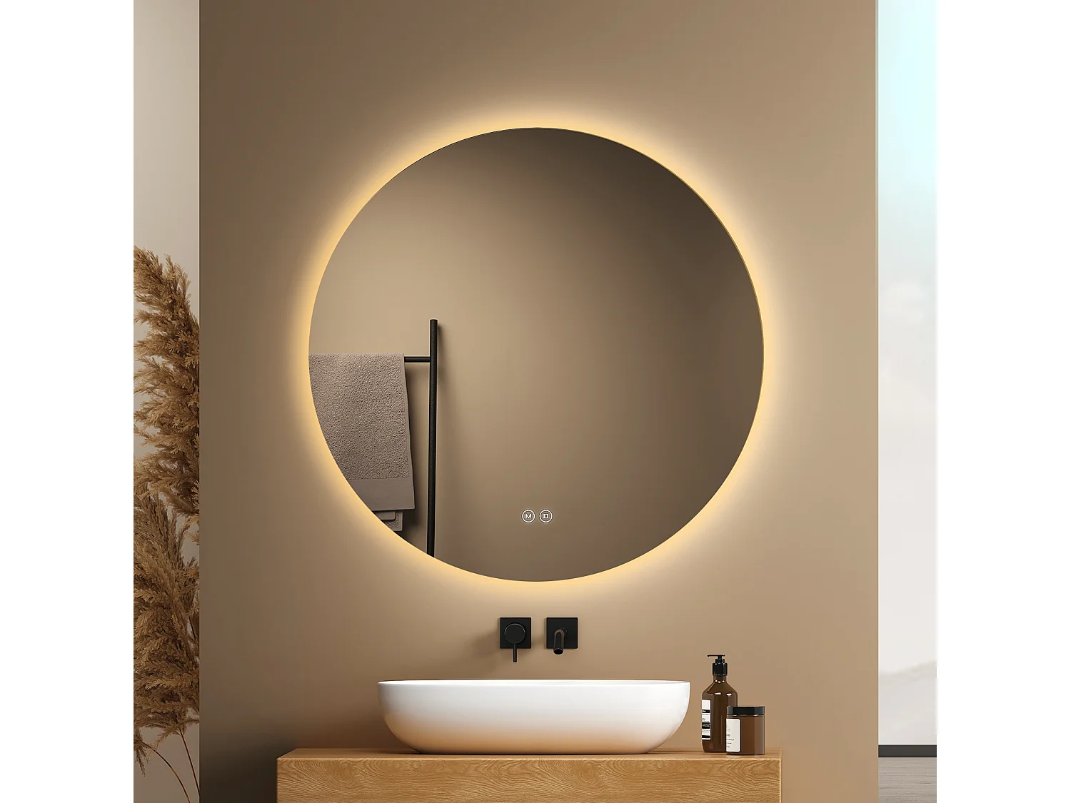EMKE Ronde LED Badkamerspiegel 70 cm – Frameloos, Achtergrondverlichting, Touch Schakelaar, Dimbaar Licht (Koud/Warm/Neutraal Wit)