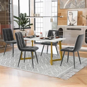Eettafelset 117 x 68 cm met 4 stoelen bekleed met fluweel – poten van goudkleurig metaal – wit + donkergrijs Eettafelset 117 x 68 cm met 4 stoelen bekleed met fluweel – poten van goudkleurig metaal – wit + donkergrijs