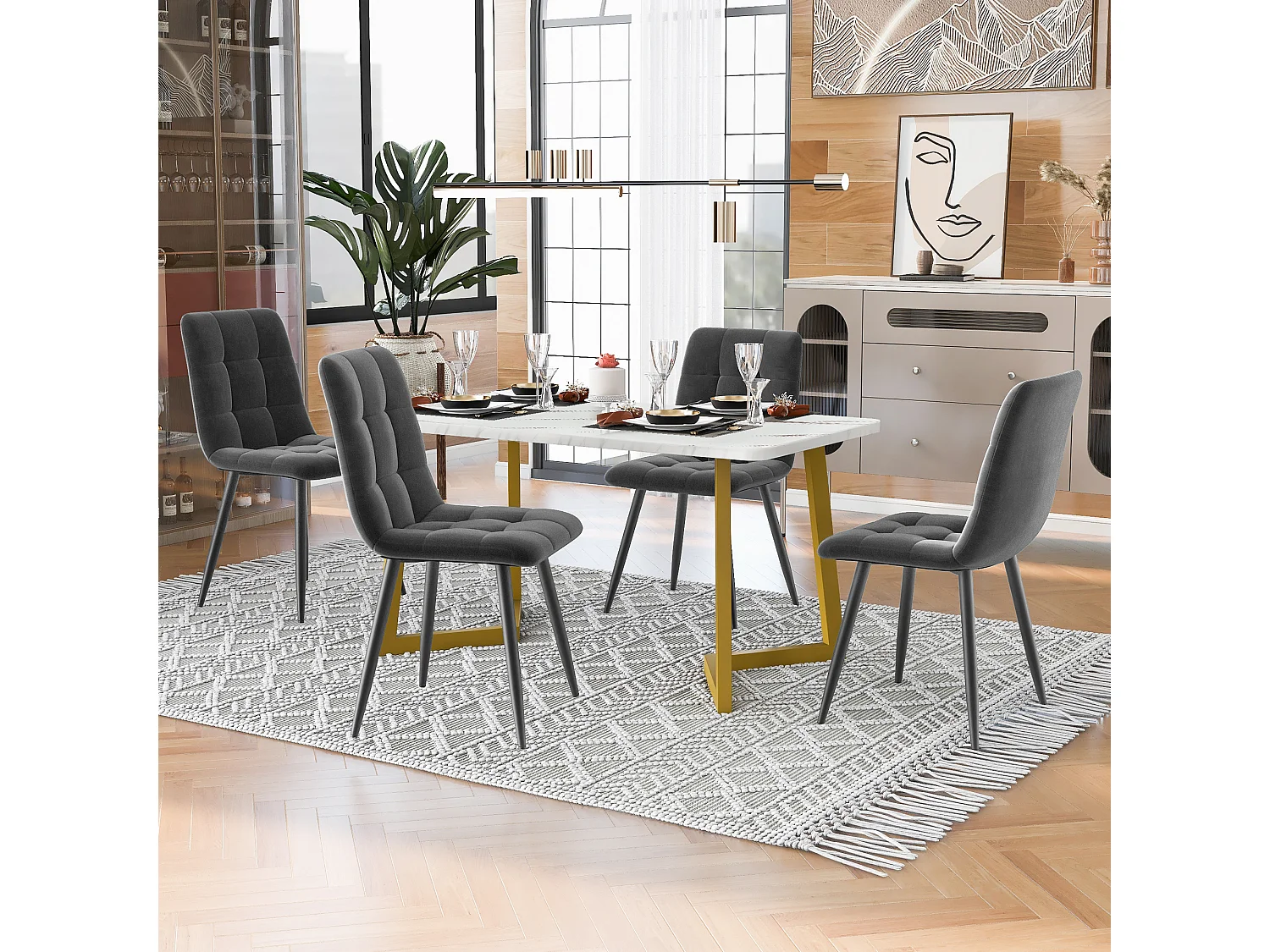 Eettafelset 117 x 68 cm met 4 stoelen bekleed met fluweel - poten van goudkleurig metaal - wit + donkergrijs