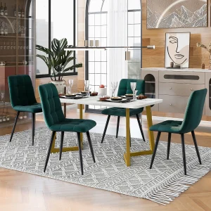 Eettafelset 117 x 68 cm met 4 fluwelen stoelen – gouden metalen poten – Wit + groen Eettafelset 117 x 68 cm met 4 fluwelen stoelen – gouden metalen poten – Wit + groen