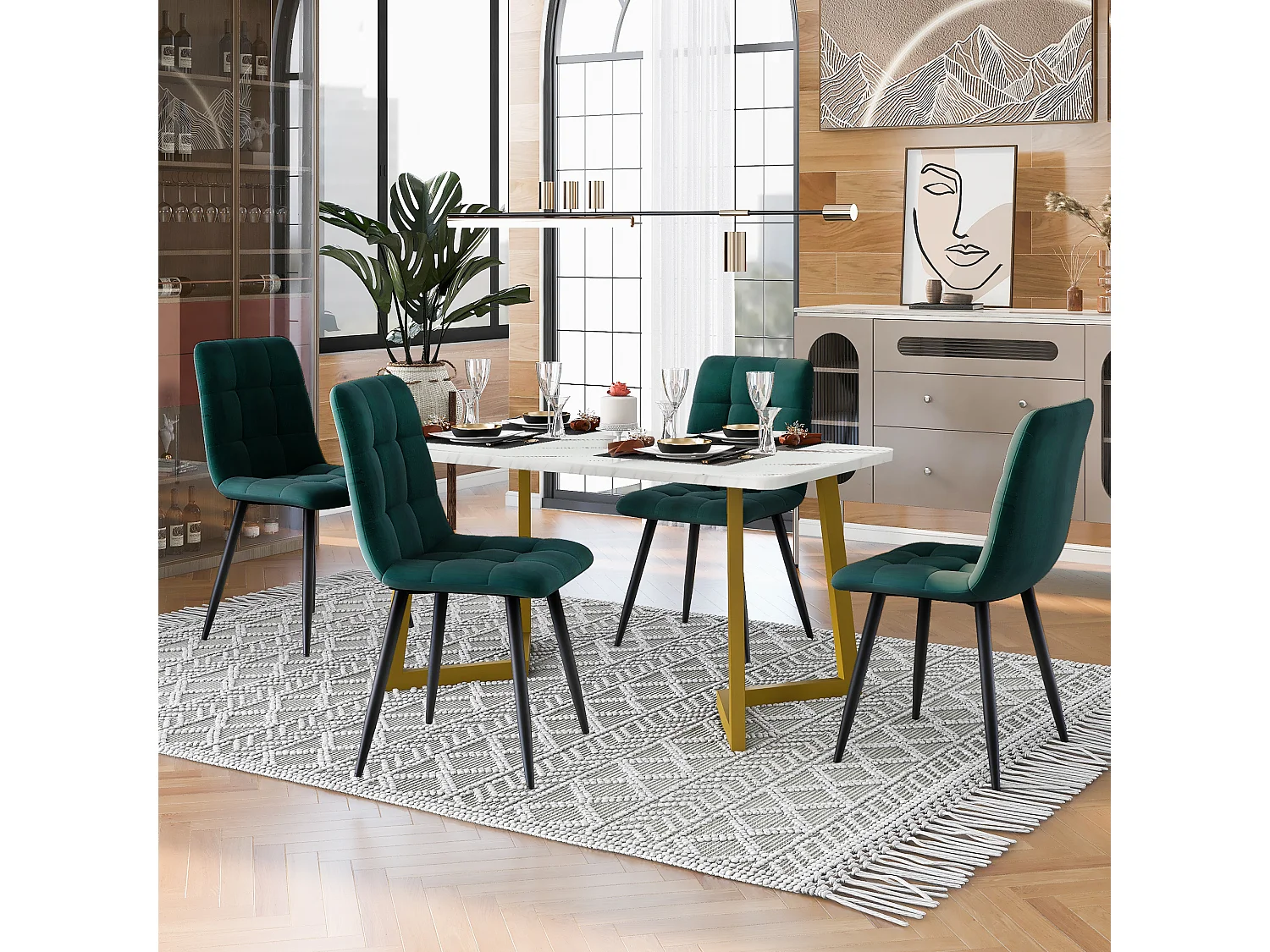 Eettafelset 117 x 68 cm met 4 fluwelen stoelen - gouden metalen poten - Wit + groen