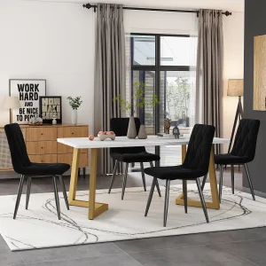 Eettafelset + 4 stoelen – fluweel en gouden metalen poten – zwart Eettafelset + 4 stoelen – fluweel en gouden metalen poten – zwart