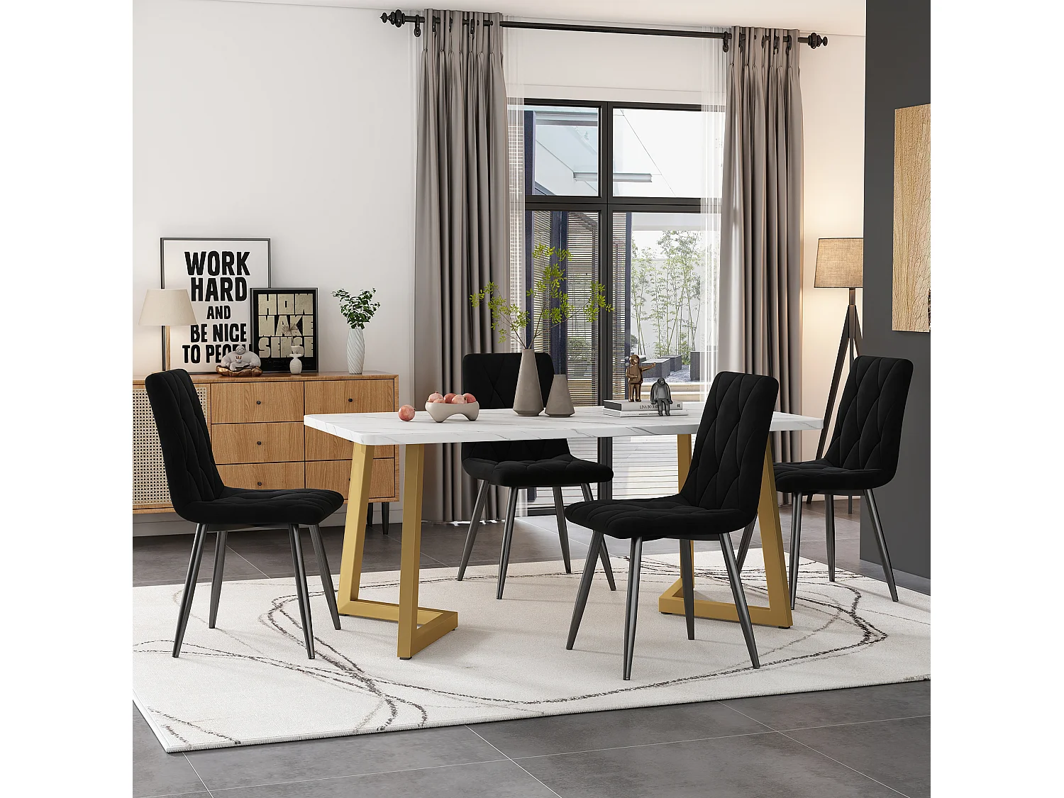 Eettafelset + 4 stoelen - fluweel en gouden metalen poten - zwart