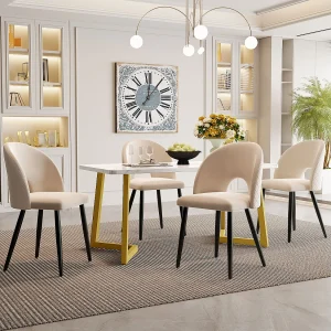 Eettafelset 117 x 68 cm + 4 schelpstoelen – fluweel en metalen poten – ruitpatroon – beige Eettafelset 117 x 68 cm + 4 schelpstoelen – fluweel en metalen poten – ruitpatroon – beige