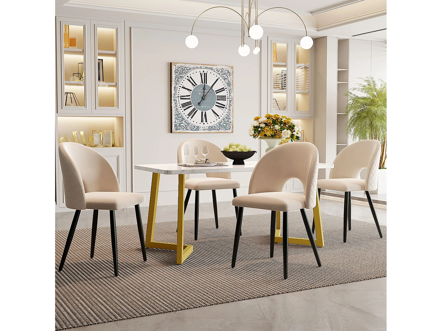 Eettafelset 117 x 68 cm + 4 schelpstoelen - fluweel en metalen poten - ruitpatroon - beige