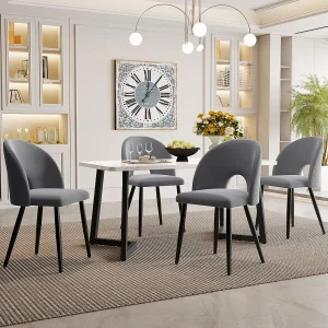Eettafelset 117 x 68 cm + 4 schelpstoelen – fluweel en zwarte metalen poten – ruitpatroon – grijs Eettafelset 117 x 68 cm + 4 schelpstoelen – fluweel en zwarte metalen poten – ruitpatroon – grijs