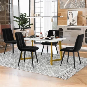 Eettafelset 117 x 68 cm met 4 fluwelen stoelen – gouden metalen poten – Wit + zwart Eettafelset 117 x 68 cm met 4 fluwelen stoelen – gouden metalen poten – Wit + zwart