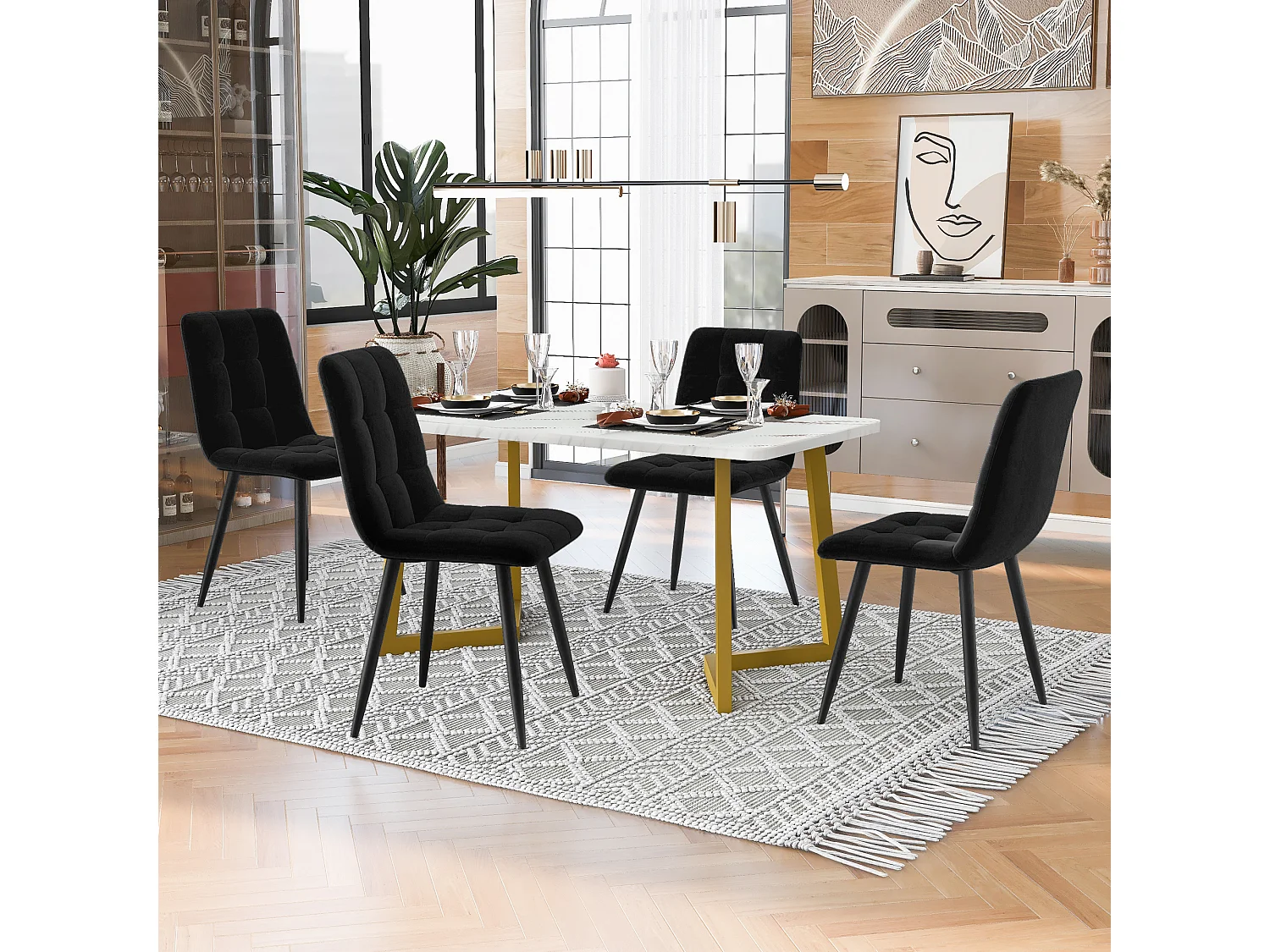 Eettafelset 117 x 68 cm met 4 fluwelen stoelen - gouden metalen poten - Wit + zwart