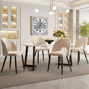 Eettafelset 117 x 68 cm + 4 schelpstoelen – fluweel en zwarte metalen poten – ruitpatroon – beige Eettafelset 117 x 68 cm + 4 schelpstoelen – fluweel en zwarte metalen poten – ruitpatroon – beige