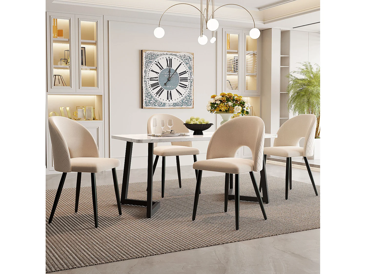 Eettafelset 117 x 68 cm + 4 schelpstoelen - fluweel en zwarte metalen poten - ruitpatroon - beige