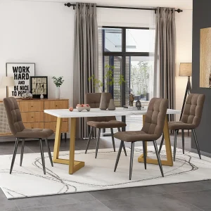 Eettafelset + 4 stoelen – fluweel en gouden metalen poten – bruin Eettafelset + 4 stoelen – fluweel en gouden metalen poten – bruin