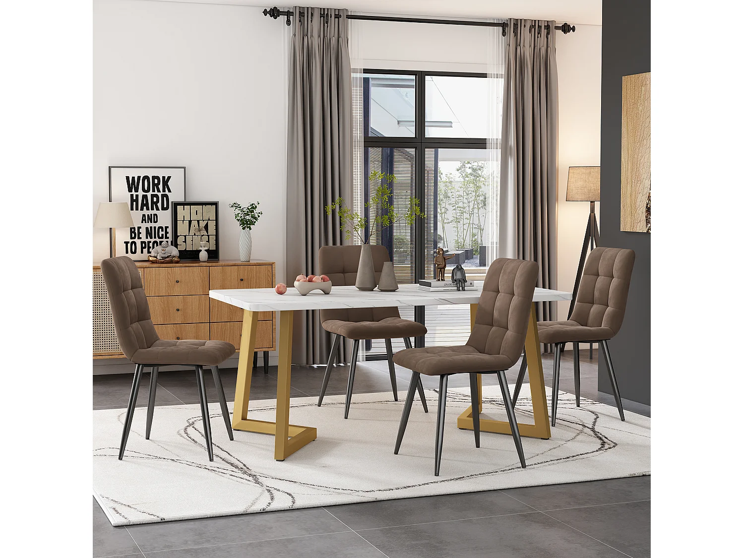 Eettafelset + 4 stoelen - fluweel en gouden metalen poten - bruin